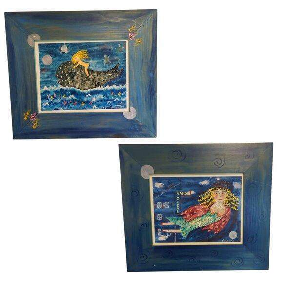 Mermaid Art Print Set Blue Ocean Coastal Decor Signed SenoraQ Mexico Framed - Picture 1 of 15